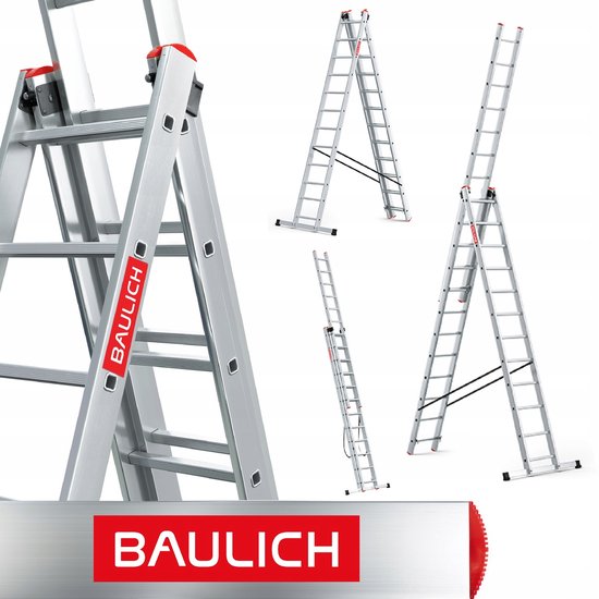 Drie weergaven van een zilverkleurige aluminium ladder, inclusief een detail van de 'BAULICH'-branding en de ladder in A-vorm.