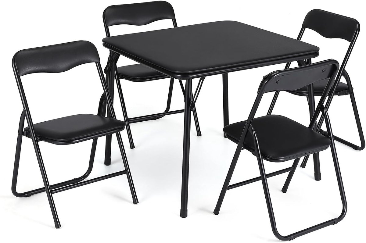5-Delige Opvouwbare Kindertafel en Stoelen Set - Speeltafel met 4 Stoeltjes - Gewatteerd (PU Leer) - Metaal - Zwart