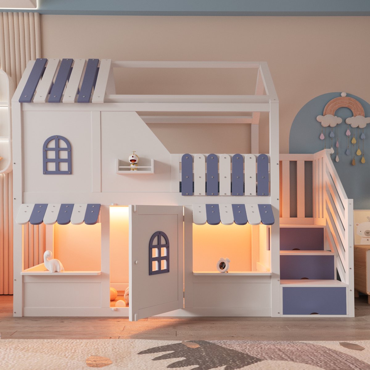 Clruro Huisbed Hoogslaper - 90x200 cm - met LED en Trap - met Dak en Venster - Hout - Wit & Blauw
