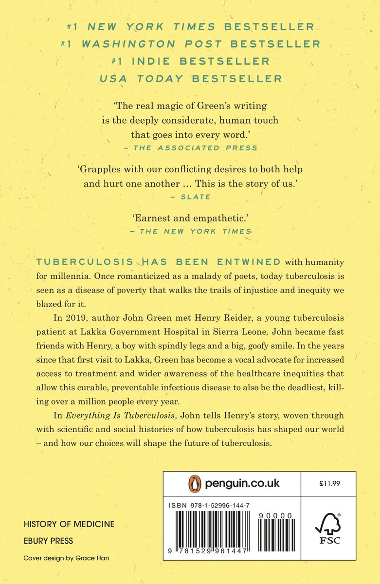 Achterkant van het boek 'Everything Is Tuberculosis', met recensies en uitgever details. #1 New York Times Bestseller.