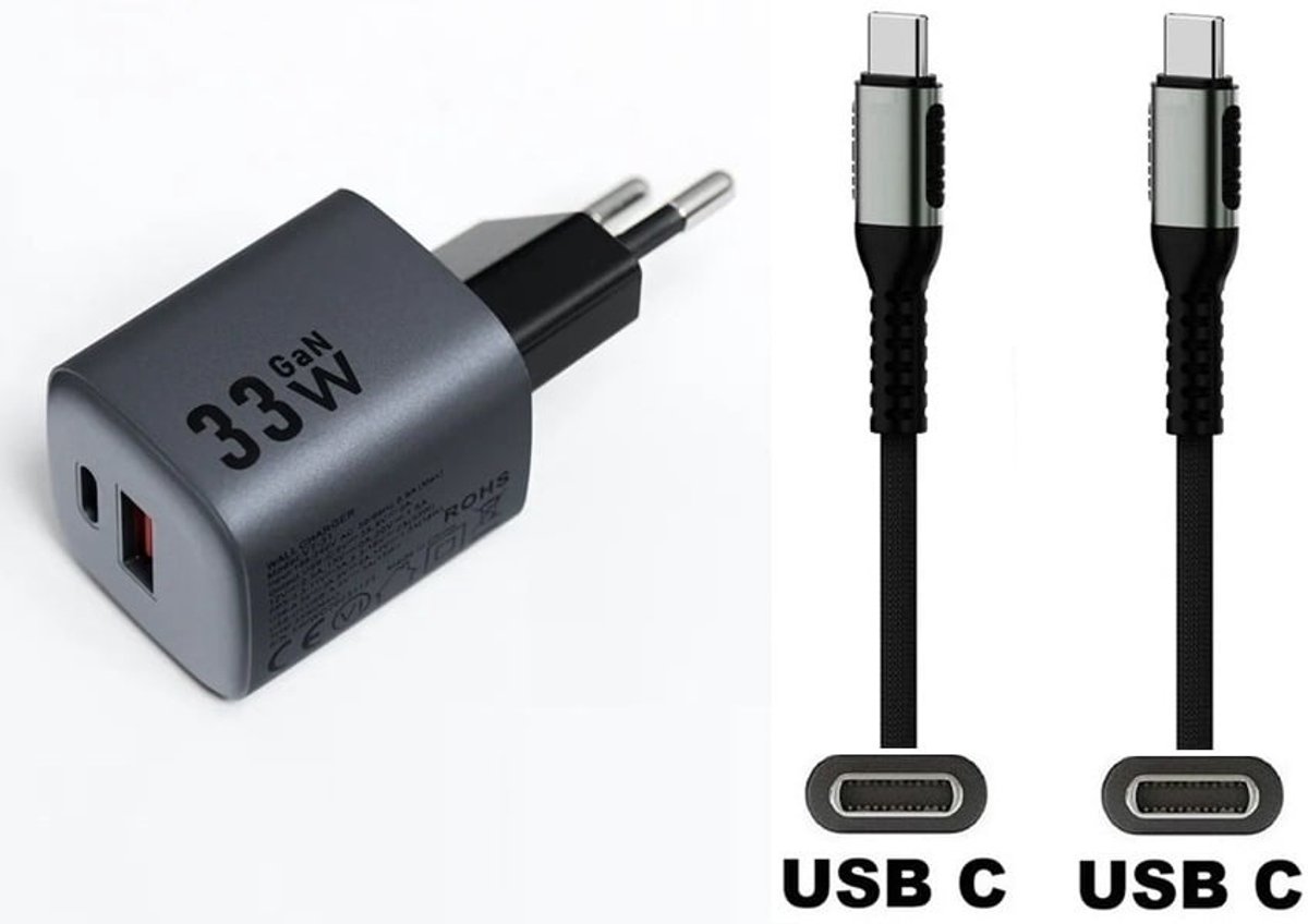 OneOne 33W snellader met 2 poorten + 0,25m sterke USB C naar C kabel. GAN lader. PD PPS oplader adapter past op Universeel Bang & Olufsen, Blackview, Beats, Boox (ONYX), Canon, DJI, Fuji FujiFilm, Gigaset, GoPro