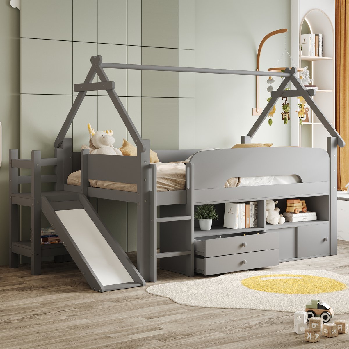 Sweiko Kinderbed - 90 x 200 cm - Huisvormig - Met glijbaan - 2 lades - Opbergruimte - Halfhoogslaper - Grijs