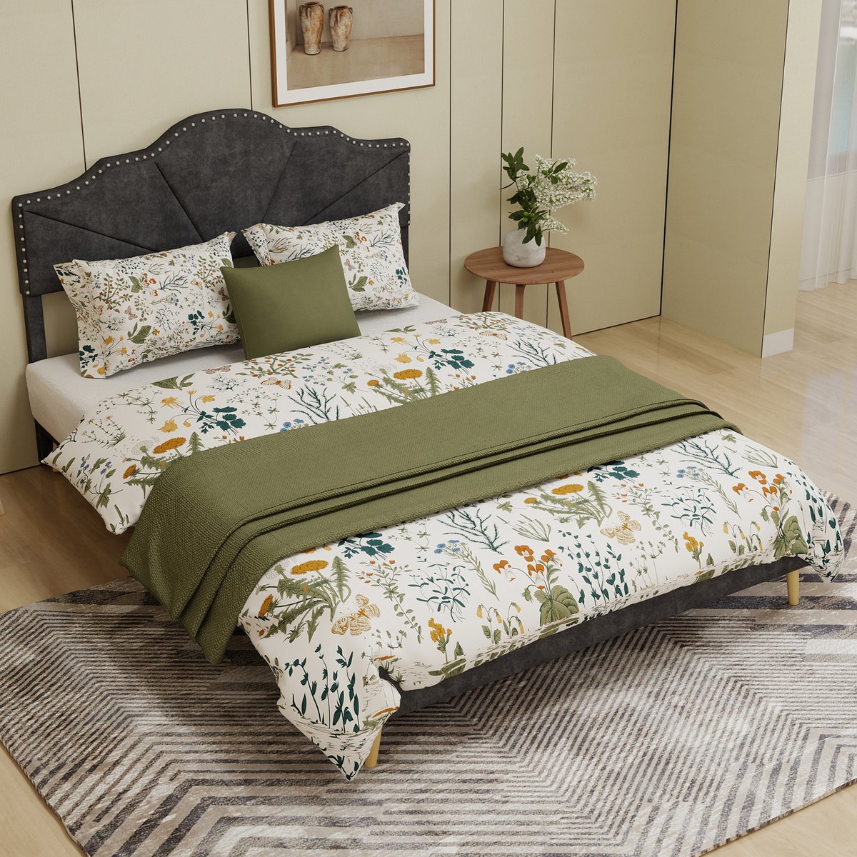 OKWISH Gestoffeerd Bed 160x200cm – Geometrisch Hoofdbord Met Siernagels – Stabiel Lattenbodemframe – Zonder Opbergruimte – Modern – Grijs | Zonder matras