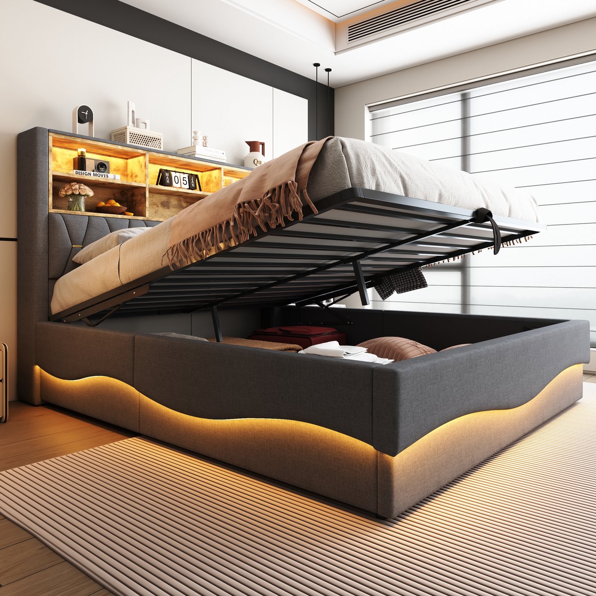 Wishdor Opbergbed 180x200 cm – Intelligente LED met App & USB – Hydraulische Lift & Metalen Lattenbodem – Linnen Grijs – Intelligent Opbergbed met App