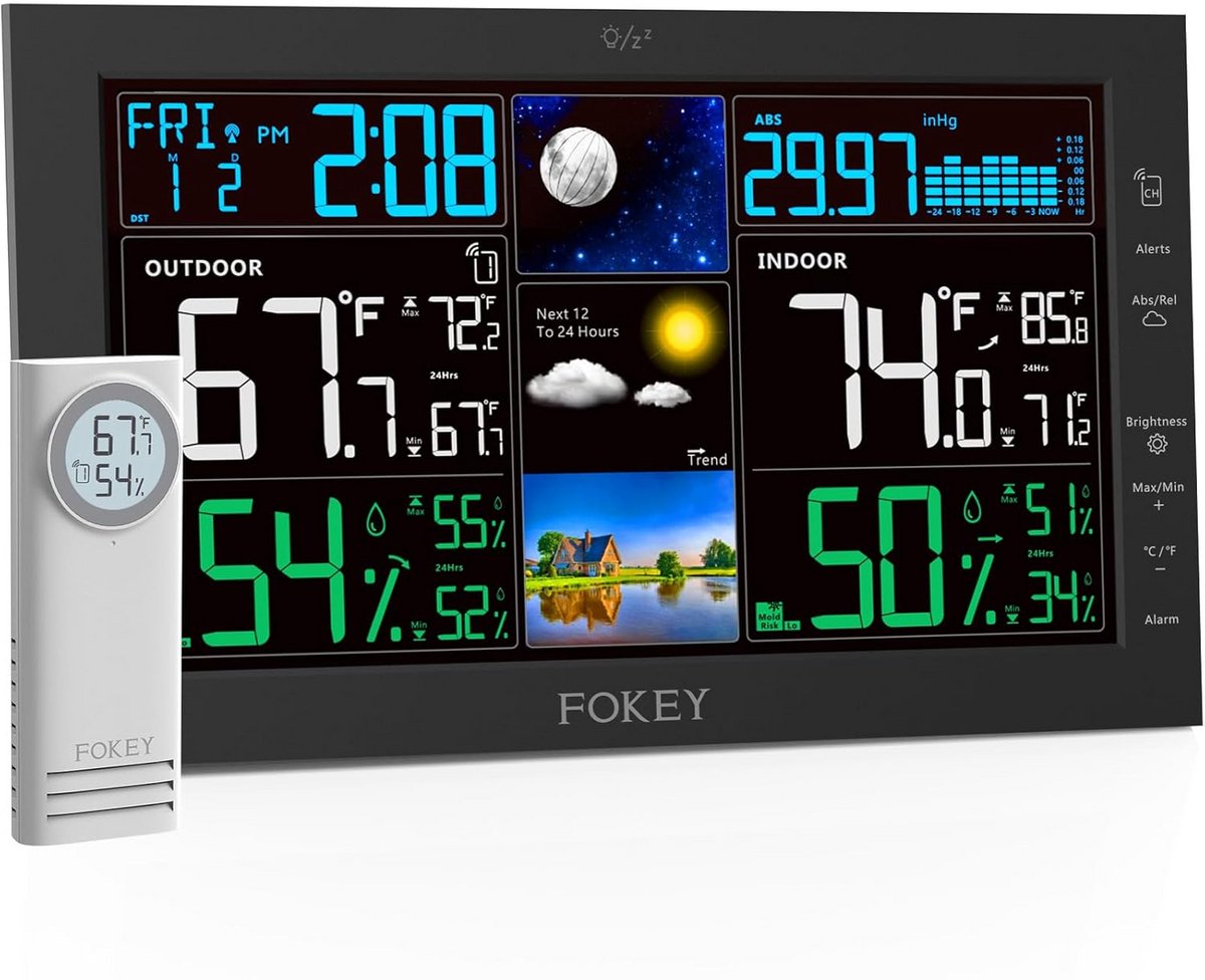 Draadloos Weerstation met Binnen- en Buitentemperatuur en Vochtigheid, Digitale Barometer en Atoomklok