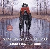 Een robot in een oranje sjaal staat in ondiep water tussen bomen. "SIMON STÅLENHAG THINGS FROM THE FLOOD" staat onderaan.