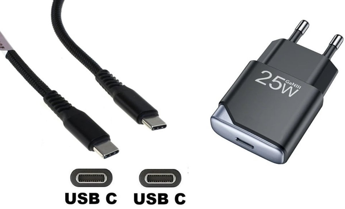 OneOne 25W snellader + 1,2m sterke USB C naar C kabel. GAN lader. PD PPS oplader adapter past op JBL Go 3, Go 4, Free 2, Flip 5 / 6, Charge 4 / 5, Tour One / One M2 / One Pro 2 / One Pro plus, Extreme 3 / 4