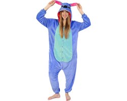 KIMU Onesie Stitch Pak - Maat XL-XXL - Monster Jumpsuit Huispak Fleece XXXL 3XL Volwassenen Dames Heren Blauw Monstertje Lilo Alien Fleece Festival