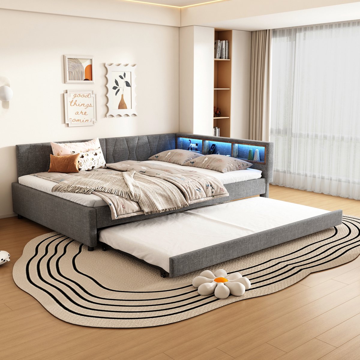 Daybed - 140x200 cm - Met Uitschuifbed En LED Strip - USB/Type-C En Opbergvak - Linnen - G