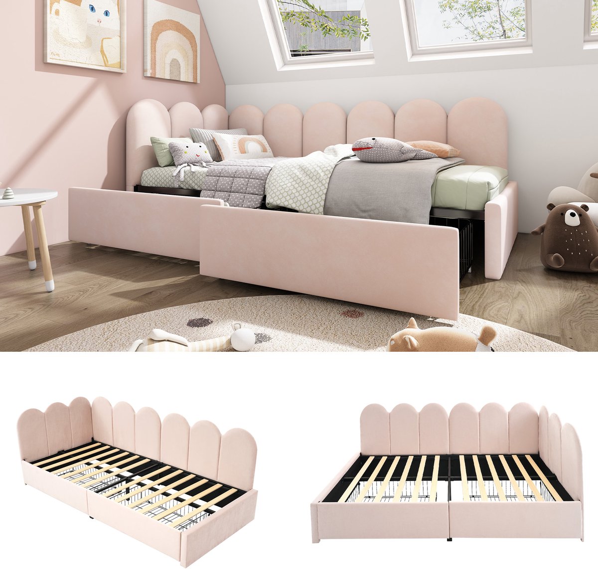 Clruro Gestoffeerd Eenpersoonsbed - 90x190 - Opbergbed Met Lade - Samt - Roze Roos