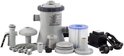 Complete Intex Krystal Clear filterpomp set met filter, slangen, klemmen, koppelstukken en adapter.
