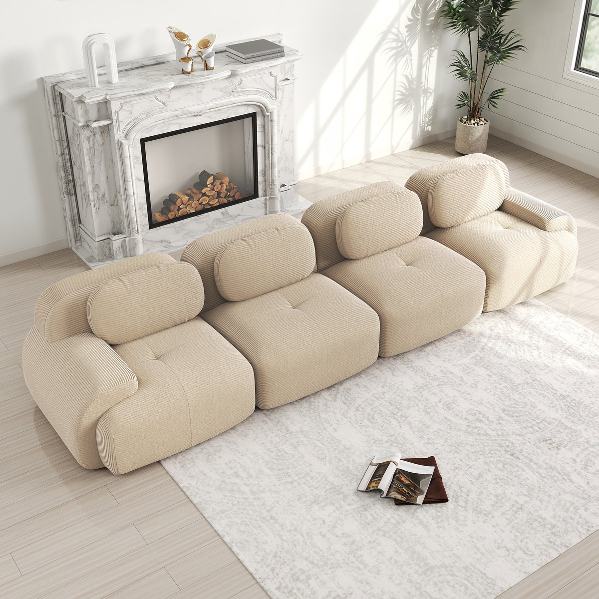 FloraGrace Hoekbank Modulair 4 Zits - Vrij Te Combineren Zonder Montage - Zachte Corduroy - Antislip Onderzijde - Beige