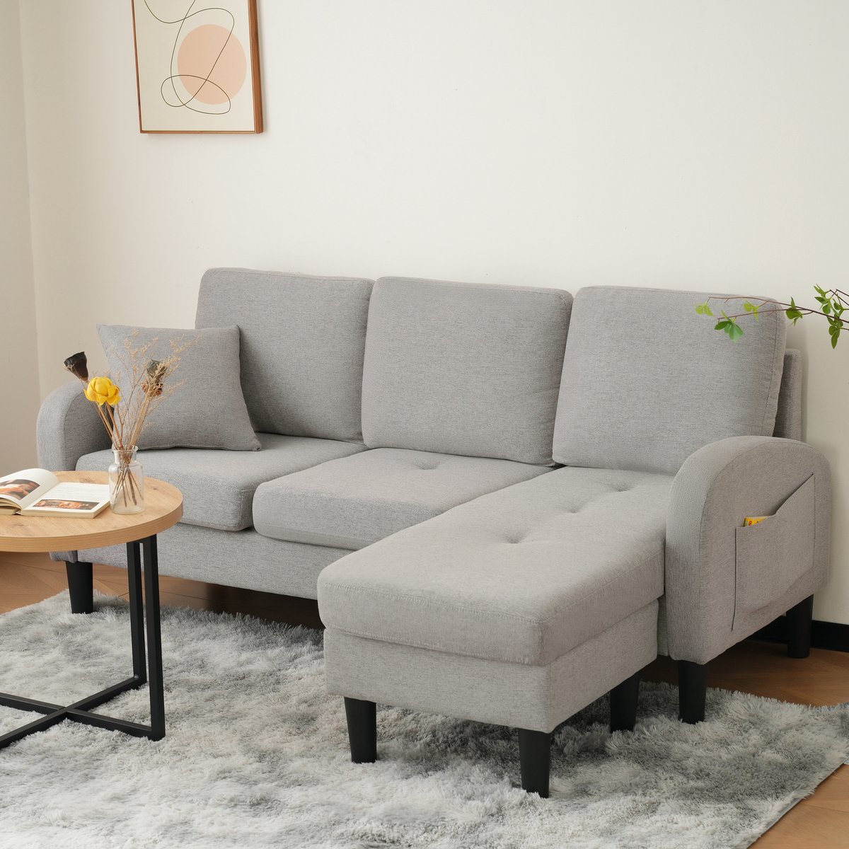 FloraGrace Hoekbank 166 X 118 X 77 Cm - Modulaire 3 Zits Met Chaise Longue Links Of Rechts - Ademende Katoen Linnen Stof - Grijs