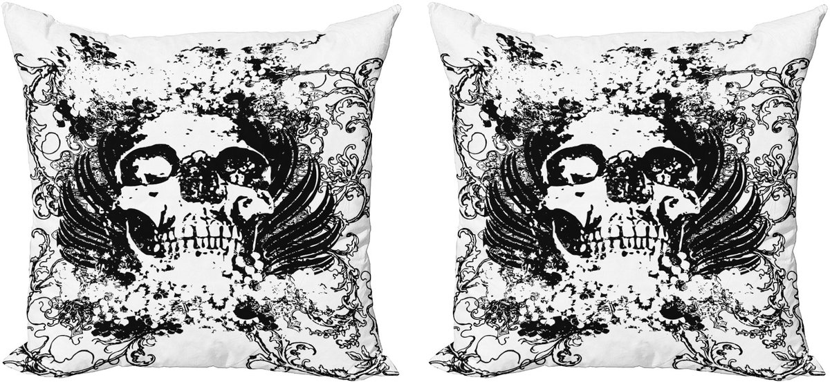 ABAKUHAUS Gotische decoratieve kussenhoes, 2 stuks, donkere horror schedel, 40x40 cm, zwart-wit