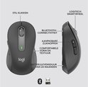 Overzicht van de Logitech M650 L muis met tekst in het Nederlands: "Stil klikken", "Logitech Smartwheel", "Bluetooth-connectiviteit", "Aanpasbare zijknoppen", "Comfortabele vorm en textuur", "Batterijlevensduur van 24 maanden".