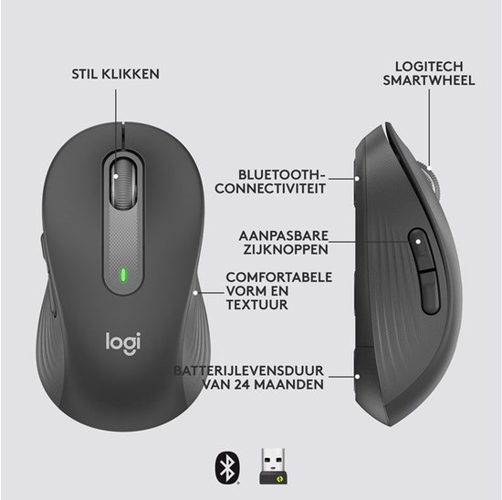 Overzicht van de Logitech M650 L muis met tekst in het Nederlands: "Stil klikken", "Logitech Smartwheel", "Bluetooth-connectiviteit", "Aanpasbare zijknoppen", "Comfortabele vorm en textuur", "Batterijlevensduur van 24 maanden".