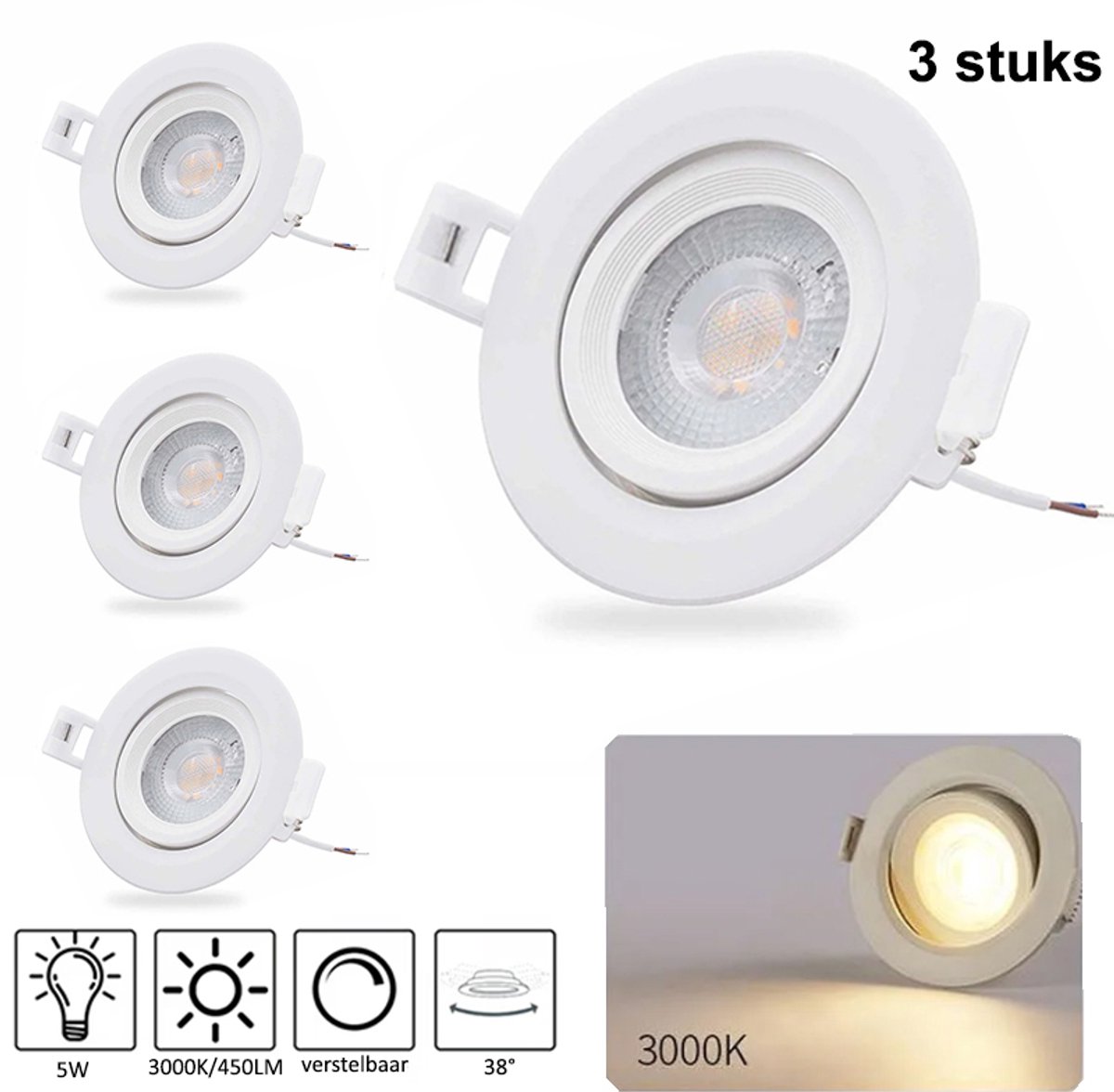 MOS LED Inbouwspot 5W 3000K - warm wit - verstelbaar spot - 3x LED Spotjes - 450 Lumen - 38° kantelbaar