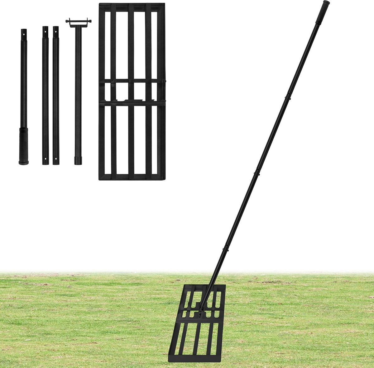 Zwart Gazonhark 75x25cm, Gesegmenteerd 101-202cm in hoogte Verstelbaar, Tuinharken met Rubberen Handgreep, Draagbare Vlakvlakvlak, Afneembaar Gazonnivelleringshark voor Tuin/Gazononderhoud/Yard Golf, NAIZY