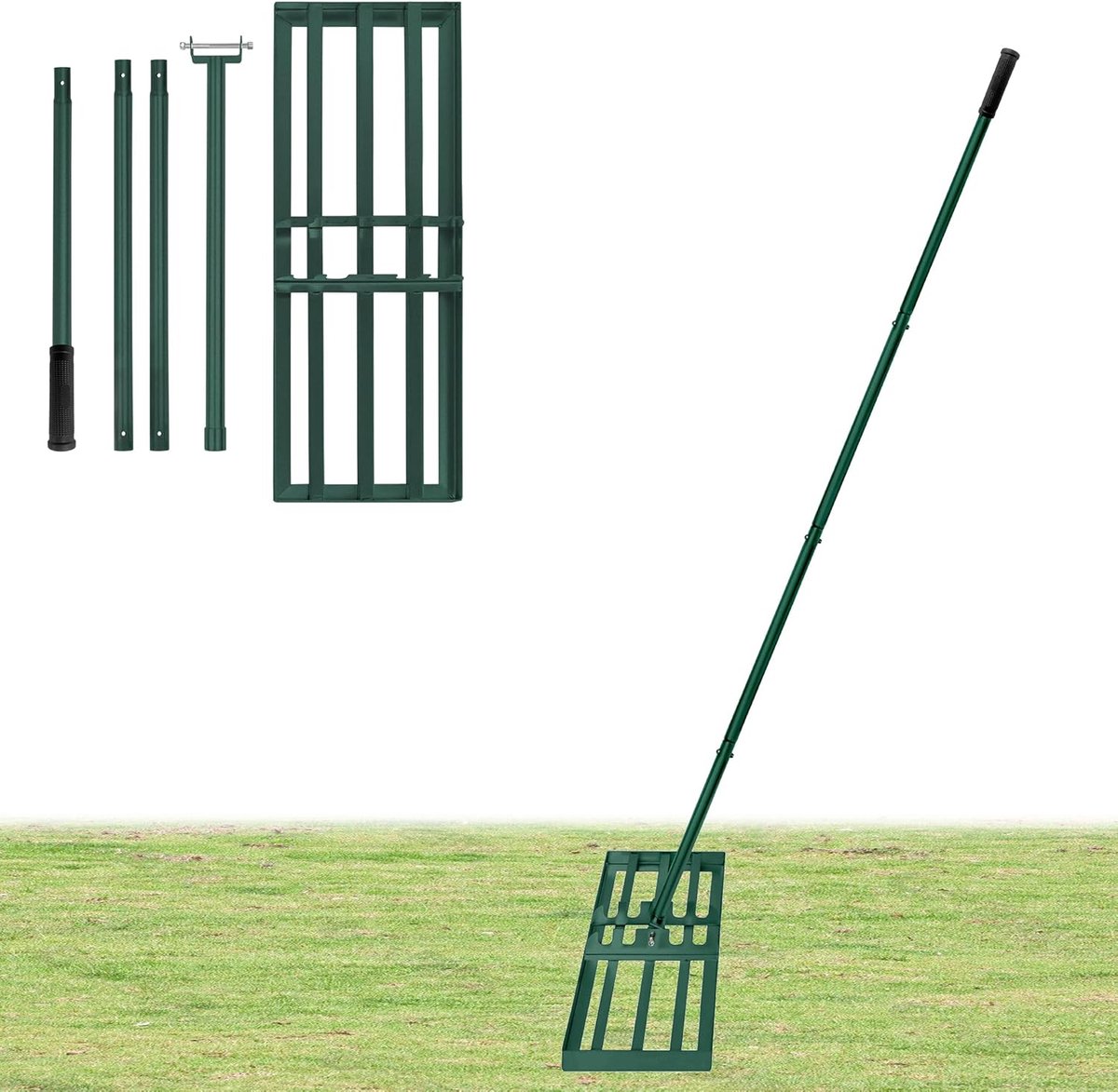 Groen Gazonhark 75x25cm, Gesegmenteerd 101-202cm in hoogte Verstelbaar, Tuinharken met Rubberen Handgreep, Draagbare Vlakvlakvlak, Afneembaar Gazonnivelleringshark voor Tuin/Gazononderhoud/Yard Golf, NAIZY