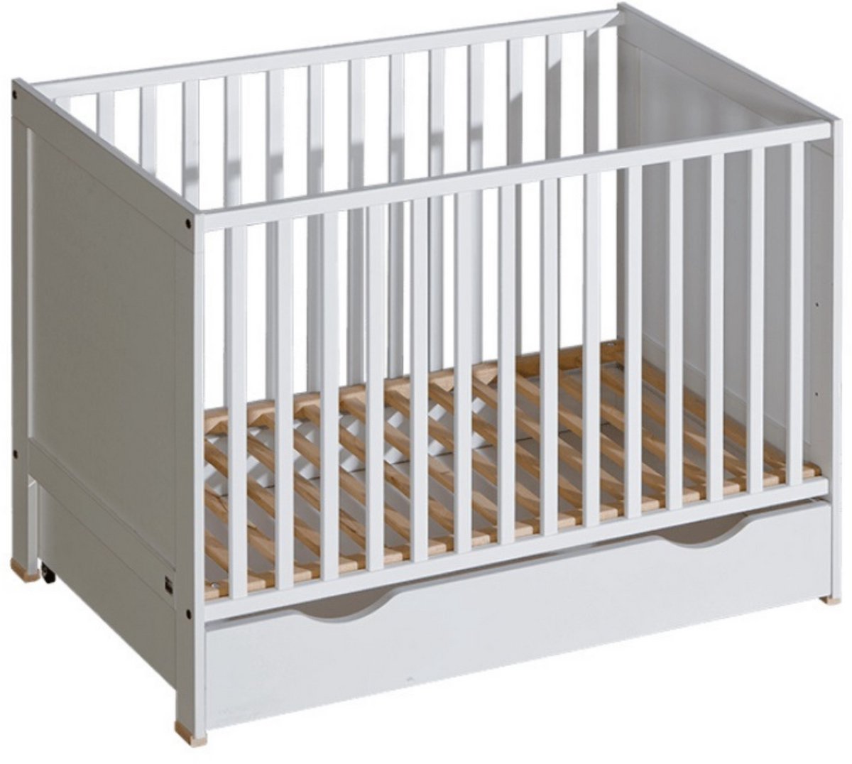 Basic Babybed 120x60 – Scandinavisch Design – Verstelbaar in 3 Hoogtes – Met 3 Uitneembare Spijlen – Veilig & Duurzaam – Wit / Berken
