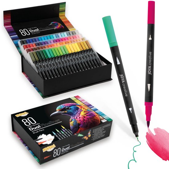 Joya Creative Dual Fineliner en Brushpennen - 80pcs - Fineliners Kleur - Tekenen voor Volwassenen en Kinderen - Tekenpennen voor Kalligrafie, Tekenen & Ontwerpen - Met Luxe Opbergdoos