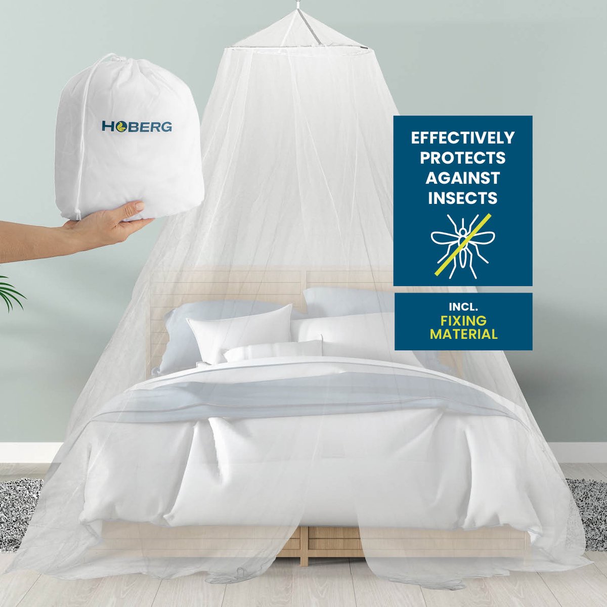 HOBERG Muggennet Reizen | XXL Muggennet Bed voor kinderbed, eenpersoons- & tweepersoonsbed | Outdoor Muggentent 400 Mesh voor balkon | Insectenwerend baldakijn om te plakken of te boren - 60 cm Ø