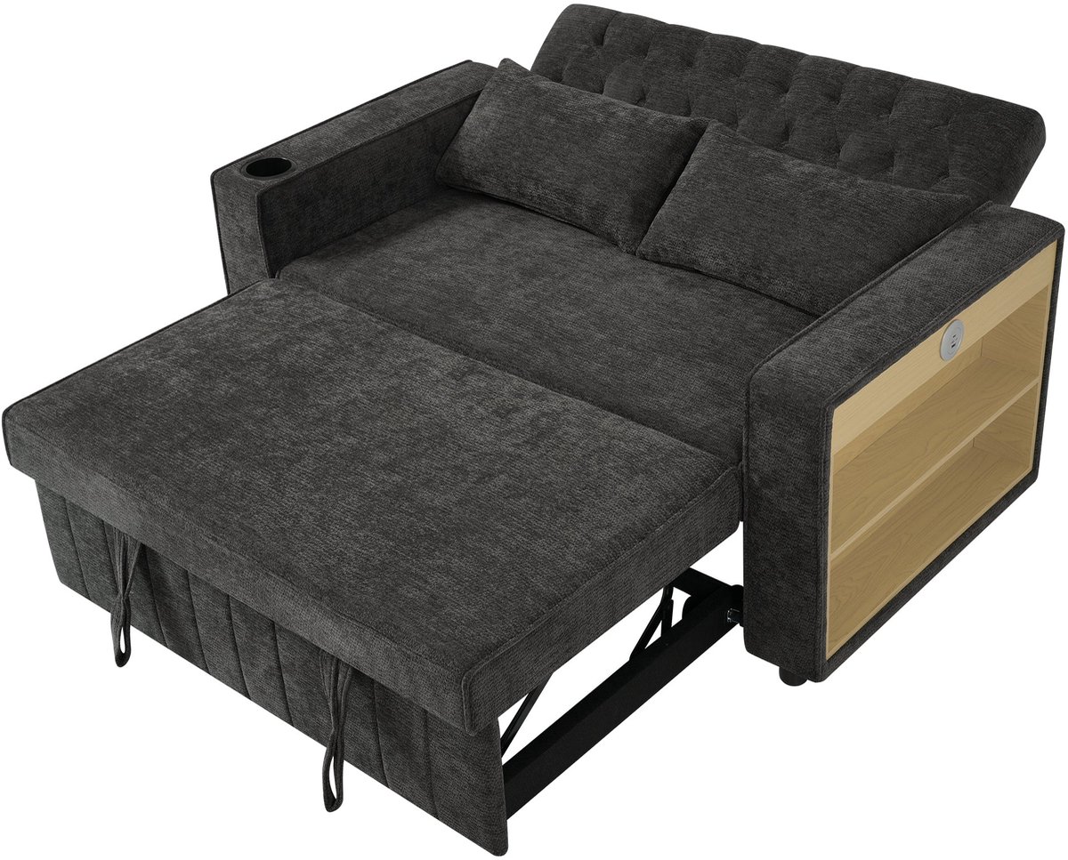 Merax Slaapbank Met Opbergruimte - Omklapbare Bank Naar Bed - Bekerhouder - Usb Oplaadpunt - Verstelbare Rugleuning - 2 Kussens - Chenille Bekleding - Grijs
