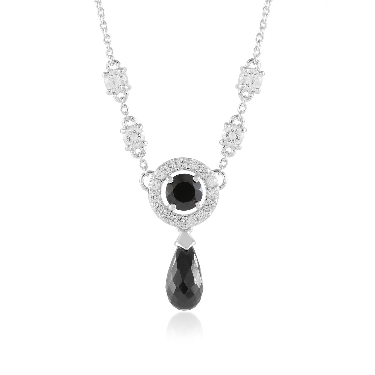 Cavill - Zilveren Halsketting - 925 Sterling Zilver Geplatineerd - Zwarte Spinel 3,348 ct Druppelvorm Briolette - Elegante Ketting 45,7 cm