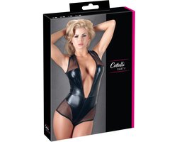 Cottelli Collection –  Body in Combinatie Wetlook en Powernet met Diepe V Hals voor Seductie – Maat L – Zwart