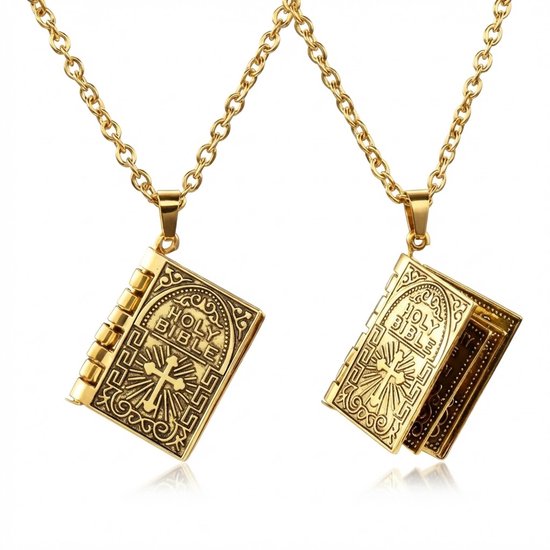 Twee gouden kettingen met een hanger in de vorm van een bijbel met kruisdetail.