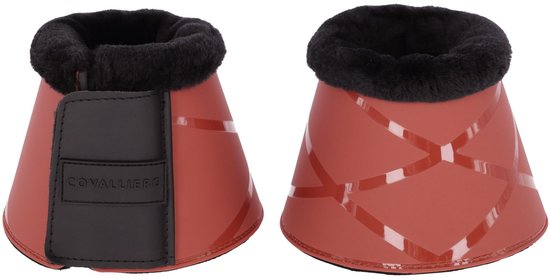Rode paardenbellen met zwart bont en een glanzend ruitpatroon. Met klittenbandsluiting en logo.