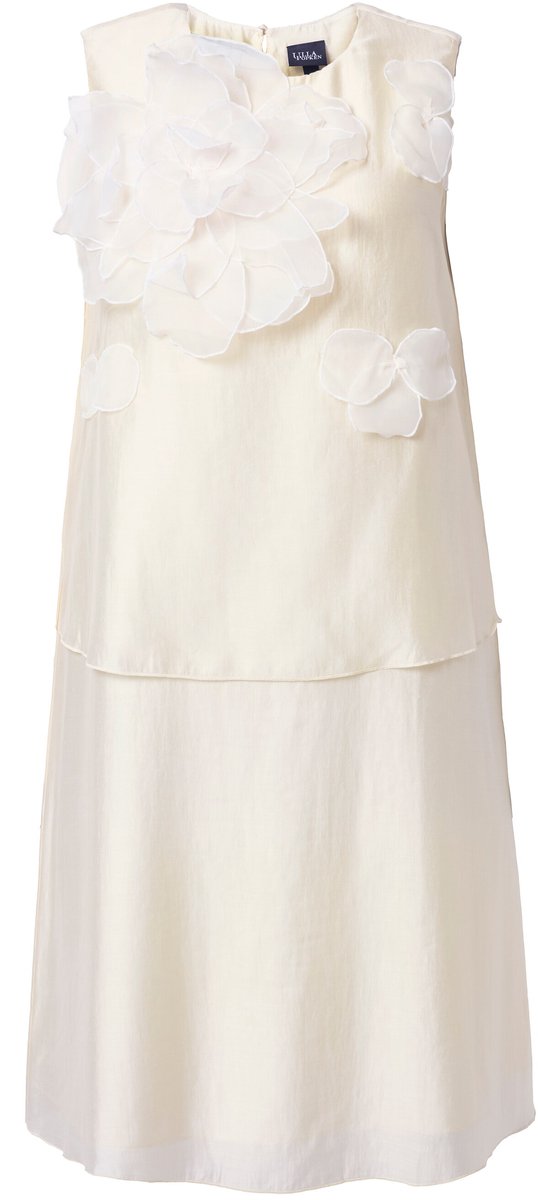 Ulla Popken - Dames - Chiffon midi-jurk bloemen-applicatie ronde hals mouwloos - Parelwit - Maat 58