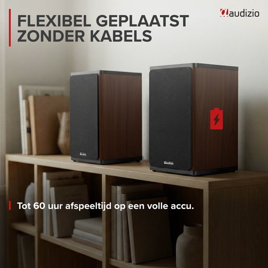 Boekenplank speakers - Audizio BS20 speakerset - Luidspreker boxen met Bluetooth - 60 uur accu - Houtlook van Audizio — afbeelding 2