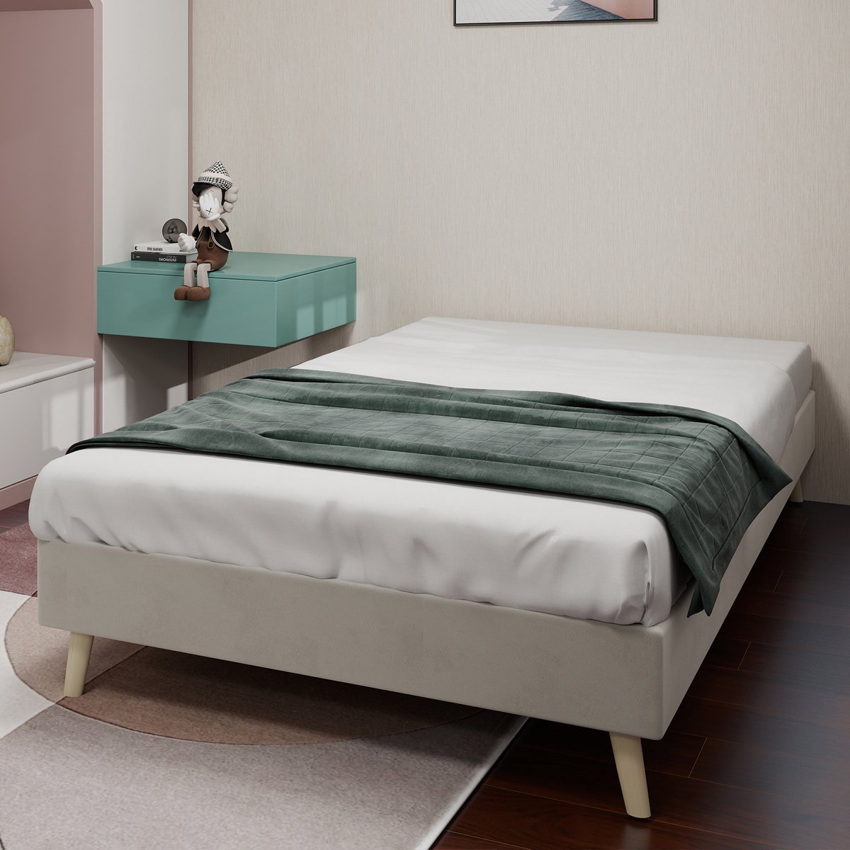 MODFU Bedframe 90x200 cm – Laag platformbed – Zonder hoofdbord – Modern minimalistisch – Beige