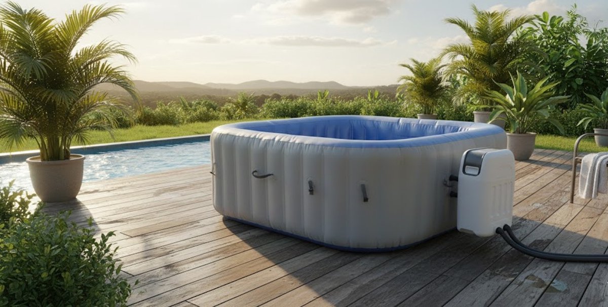 Luxueuze Medahomestore Opblaasbare Whirlpool Spa N97 – 5-Persoons Jacuzzi – Binnen & Buiten – Zelfopblazend – PVC Gelamineerd – 125 Luchtjets – Verwarmbaar tot 40°C – Grijs-Blauw – Digitale Bediening