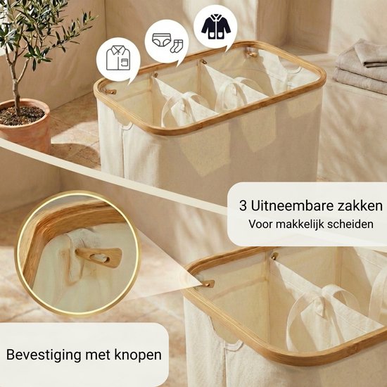 Alles & Co. XXL Wasmand 141 Liter - 3 Vakken Wassorteerder - Met Uitneembare Waszakken - Bamboe & Beige