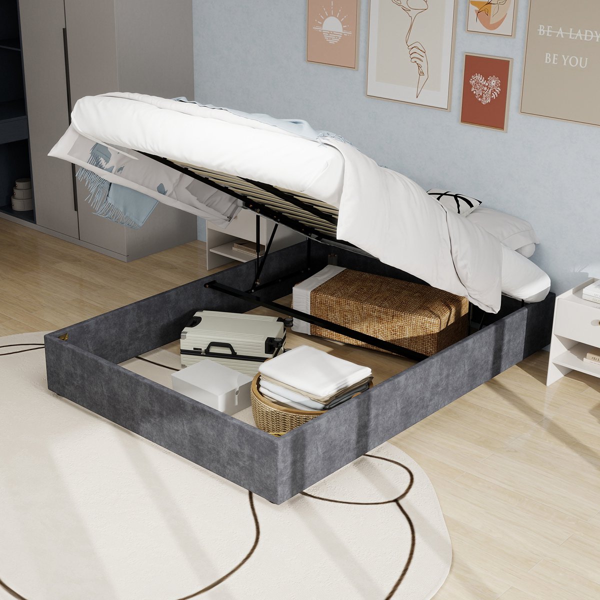 Wishdor - Bedframe - Met Gasveer - Stevige Constructie - Moderne Stijl - Stof En Metaal - Grijs - 160 X 200 Cm