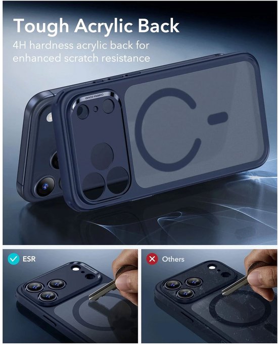 Donkerblauwe hoes met doorschijnende achterkant en MagSafe-ring. "Tough Acrylic Back" voor krasbestendigheid.