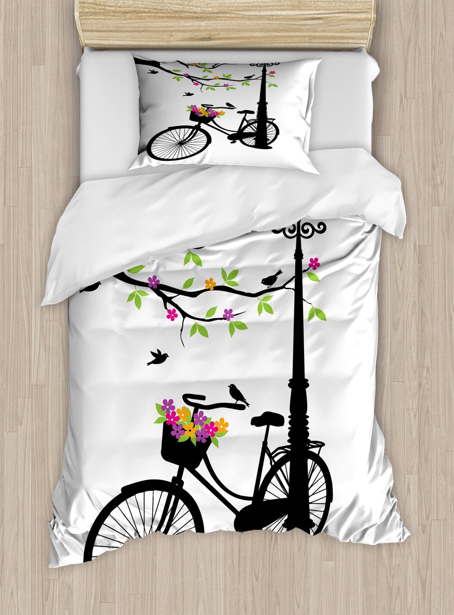 ABAKUHAUS Natuurlijke dekbedovertrekset voor eenpersoonsbedden, lente, boom, vogel, fiets, inclusief kussensloop, 130 x 200 cm