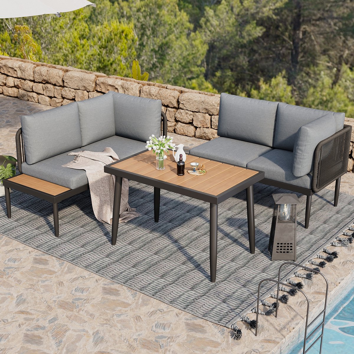 STILVORA Tuinmeubelset Hoekbank Met Eettafel - Ruimtebesparend Hoekdesign - Weerbestendig Olefin - Verzinkt Staal - Grijs