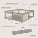 Beige box met mesh zijkanten, 2 ingangen en transporttas. Groot formaat 187x207cm. Stabiele constructie.