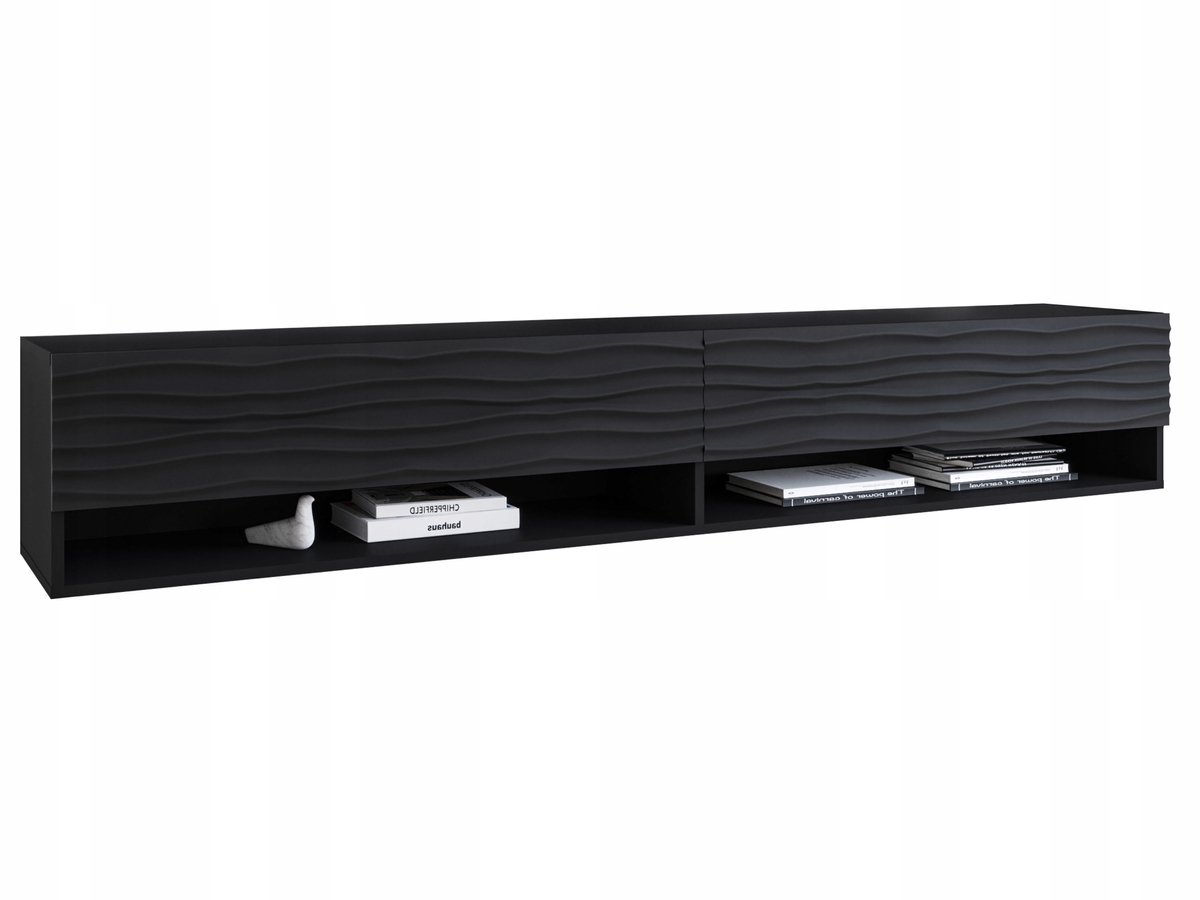 Modern TV-meubel A180 - 180 cm breed - MDF Fronten met Golfpatroon - Zwart Mat - Inclusief LED - Zwevend of Staand