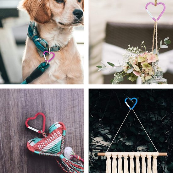 Roze hartvormige karabijnsluiting aan een halsband van een hond en aan een bloemstuk.