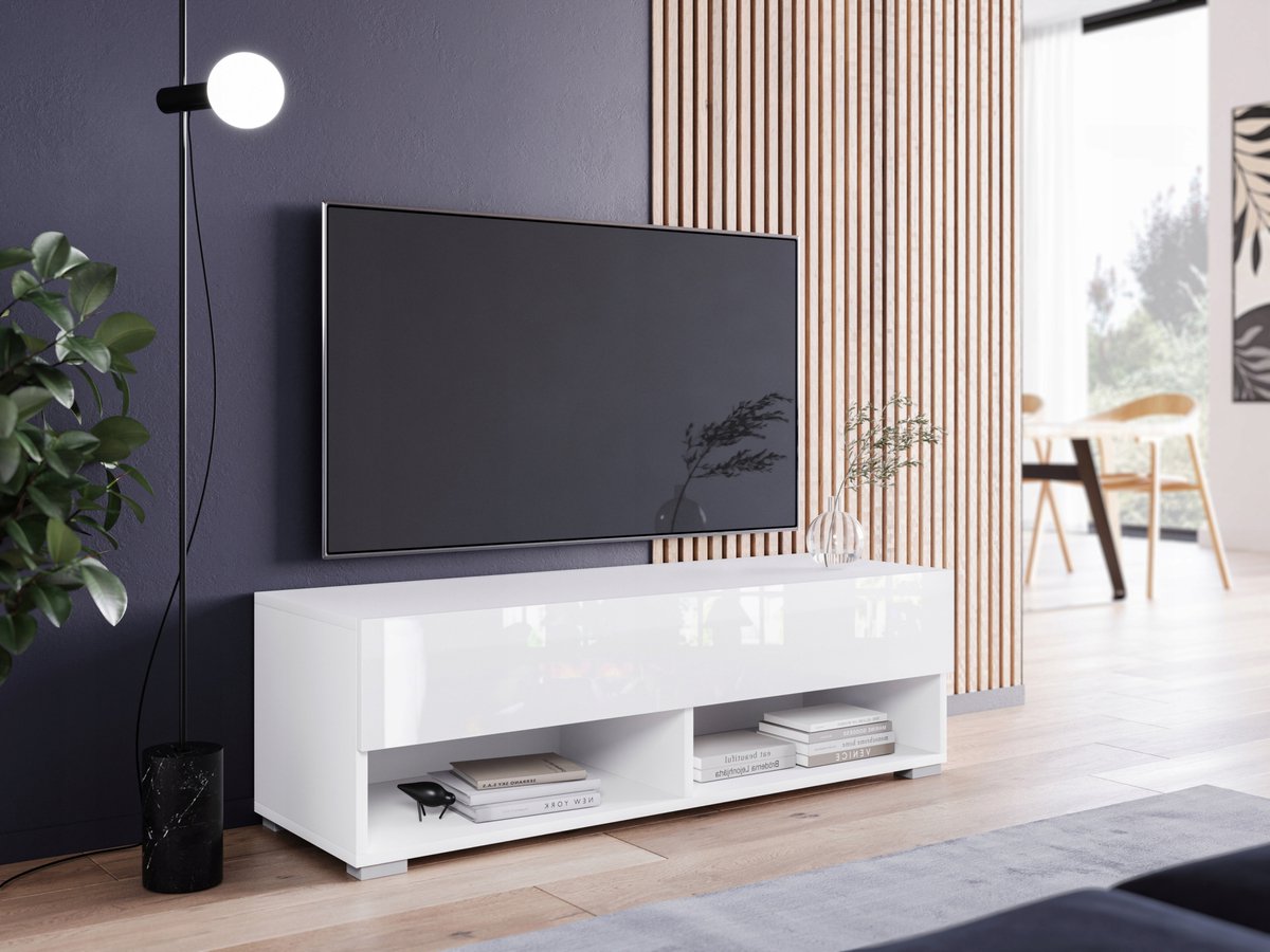 Modern TV-meubel A100 - 100 cm breed - Wit & Wit Hoogglans - Inclusief LED - Zwevend of Staand