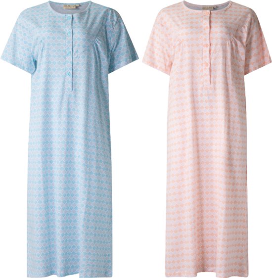 Lunatex - 2 dames nachthemden 5026 korte mouw - nachtjapon van 100% katoen - blauw en peach met print - maat L