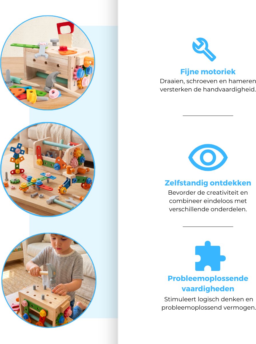 Mauzek® Speelgoed Gereedschapskist - Montessori speelgoed - 37-delig - Kinder gereedschap - Houten speelgoed - Werkbank speelgoed - Educatief speelgoed - Sensorisch speelgoed - Kleuter speelgoed - Jongens speelgoed - 3 jaar - 4 jaar - 5 jaar - 6 jaar — afbeelding 2