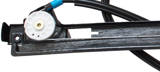 Zilverkleurige raammotor met zwarte kabels en blauwe accenten op witte achtergrond.