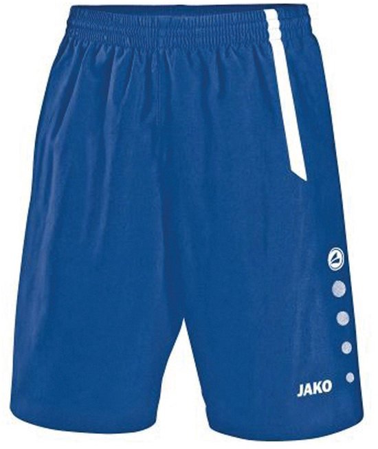 Short de sport bleu Jako avec une bande blanche sur le côté et logo Jako blanc avec des points.