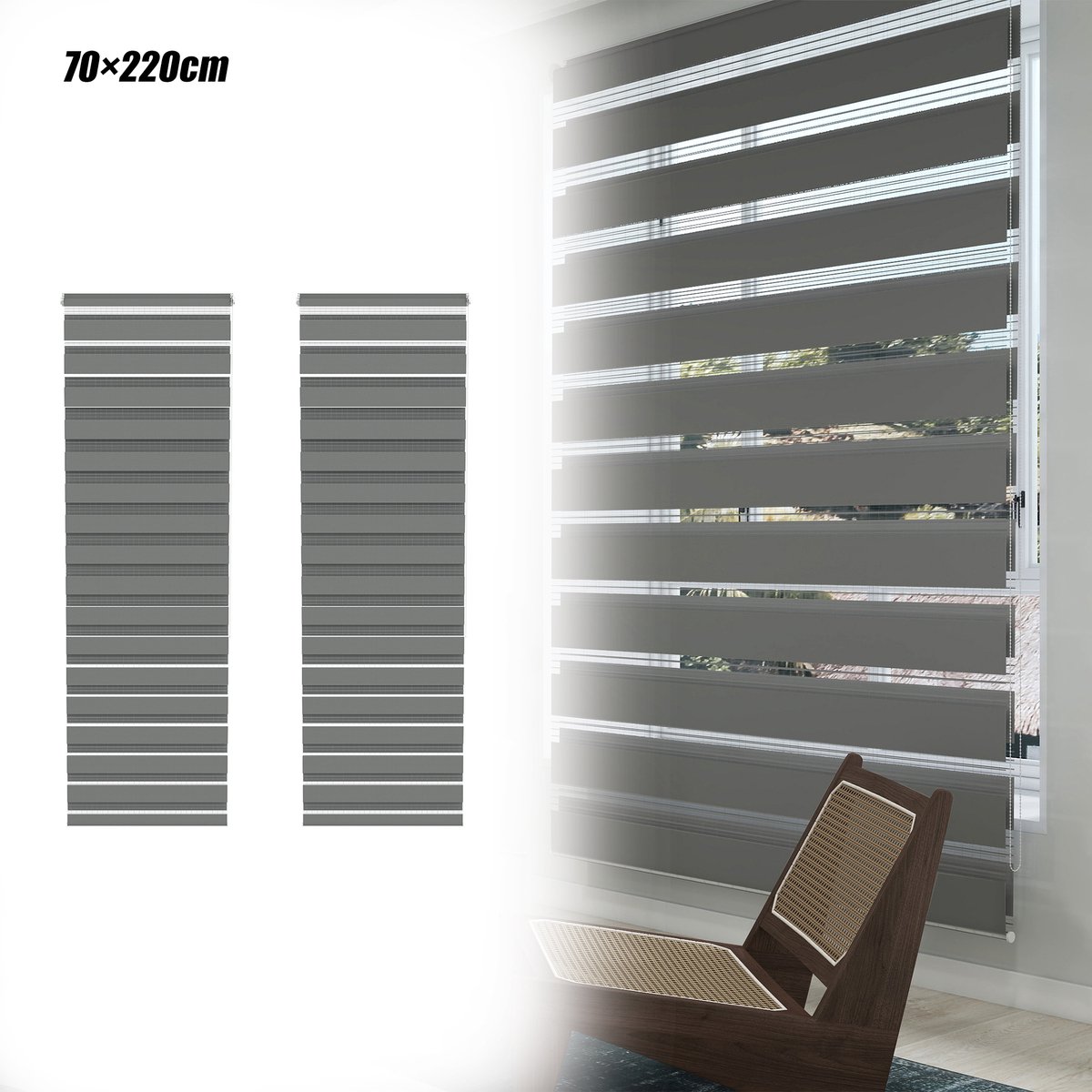 Aufun set van 2 verduisterende rolgordijnen – grijs – 70 x 220 cm – klembevestiging – voor ramen en balkondeuren