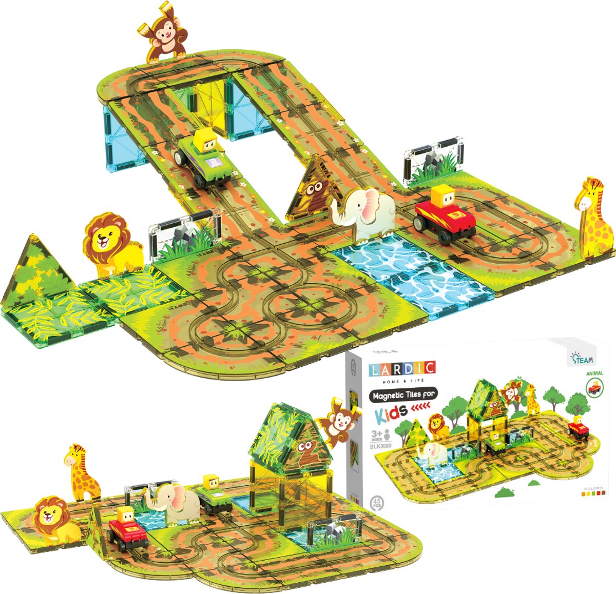 Lardic Magnetisch Speelgoed Racebaan met Zelfrijdende Auto's - Magnetic Tiles - Bouwspeelgoed - Bouwblokken - Magna - Magneten Speelgoed - Magnetische Tegels - Bouwstenen - Dierentuin - Montessori Speelgoed - Mind Educatief Speelgoed